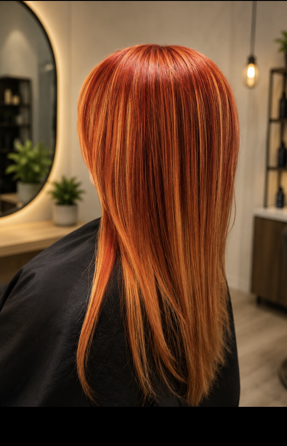 Professional hair salon result: sleek, voluminous blowout on long brunette hair. Luxurious shine and movement.
